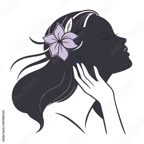 Silhouette of a woman with a flower in her hair isolated on white background