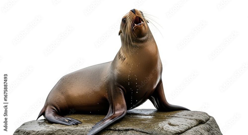 Fototapeta premium A sea lion isolated on white background, a playful marine mammal resting on a rock