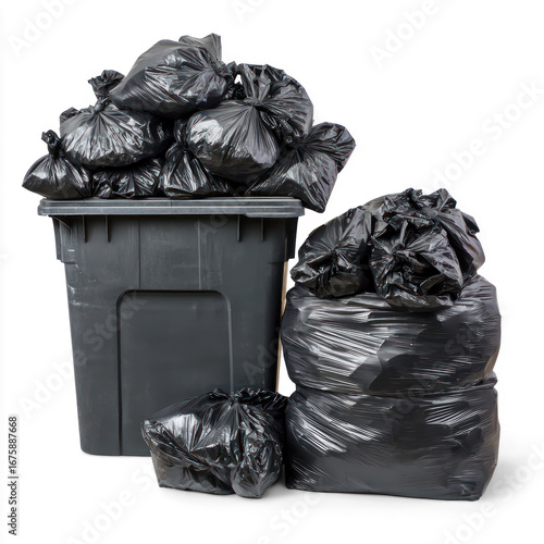 A pile of black plastic garbage bags and a black trash can on a transparent background