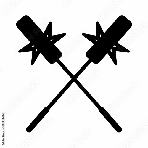 Two Spiked Mace Weapons Crossed Medieval Symbol in Black Silhouette