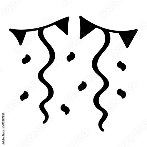 Celebratory Confetti and Banners Stream Down, a Black and White Illustration
