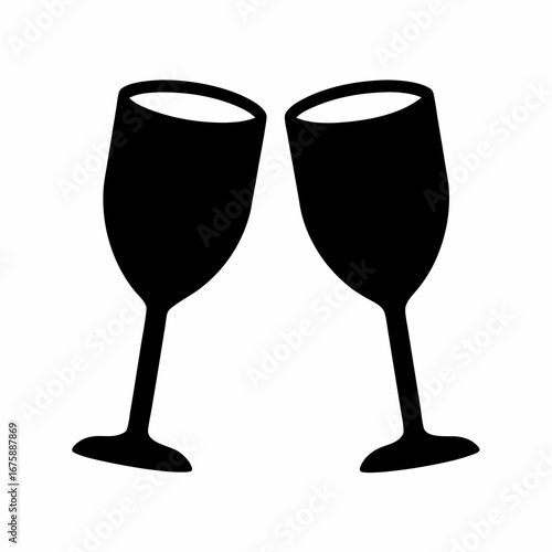 Silhouette of two wine glasses clinking together in celebration and toasting