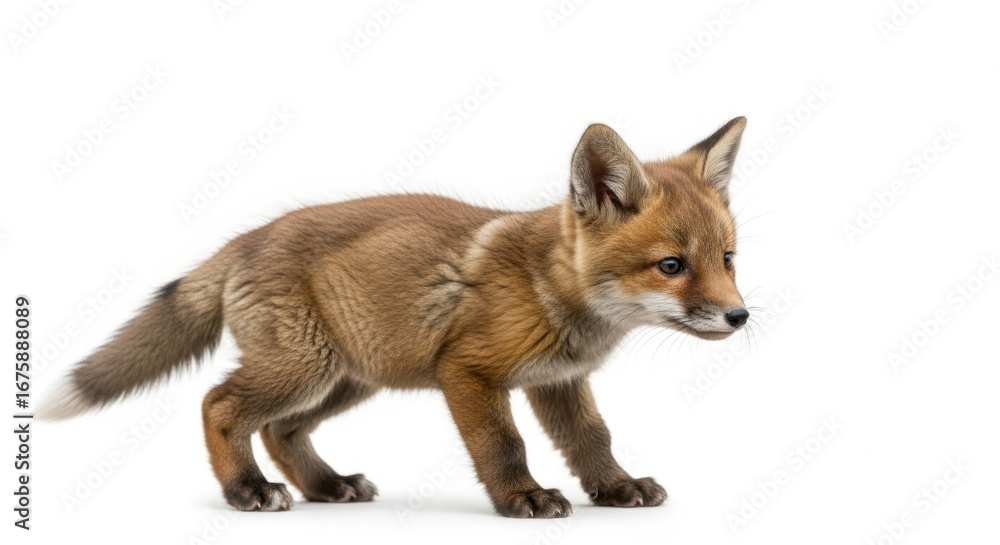Fototapeta premium Adorable red fox cub walking isolated on white background, showcasing its cute and playful nature