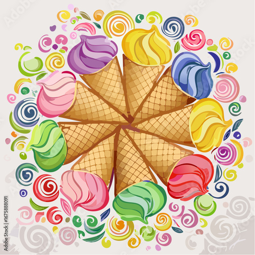 Colorful Ice Cream Cones in Circular Arrangement