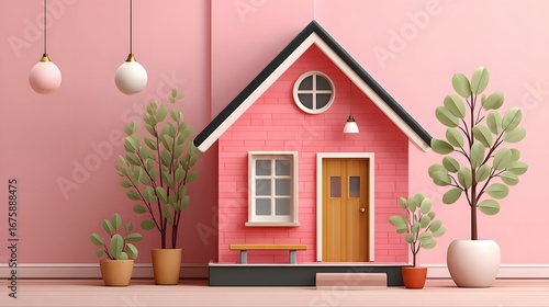 Wallpaper Mural Stylish Pink House Model Surrounded by Potted Plants and Warm Lighting in an Indoor Setting Torontodigital.ca