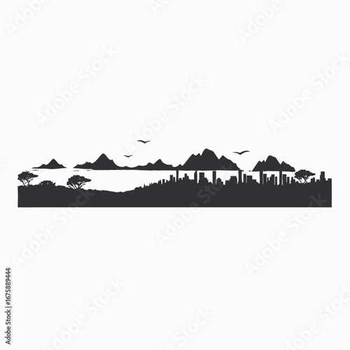 Striking cityscape vista captured in a vector black and white silhouette.