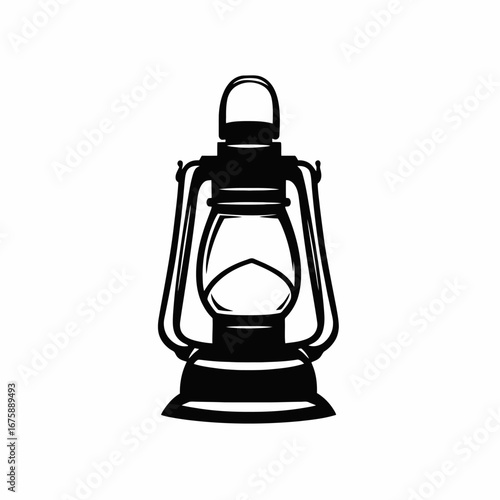 Vintage lantern stands out against a white background in stark silhouette.