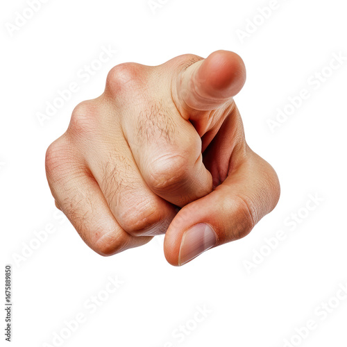 A hand pointing towards the viewer with a finger extended.