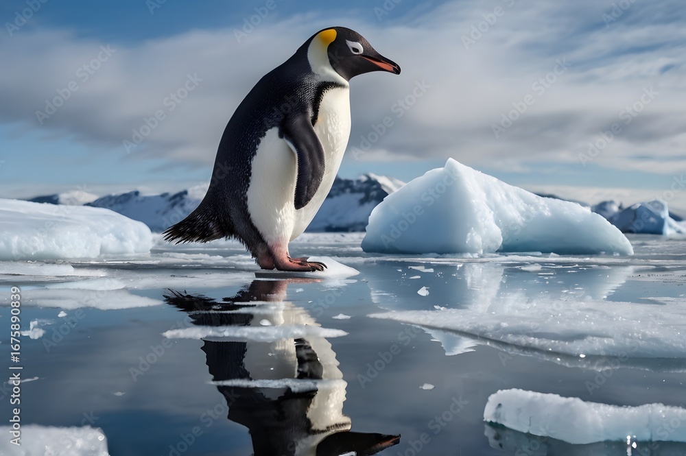 Fototapeta premium Majestic Emperor Penguin stands on icy floe reflecting in calm Antarctic waters under blue sky