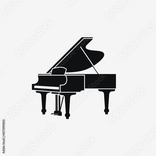 Elegant grand piano musical instrument isolated against a white background silhouette