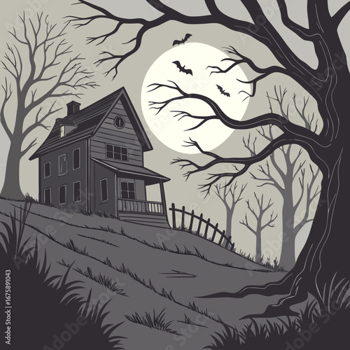 Haunted House Illustration with Full Moon Bats and Spooky Trees
