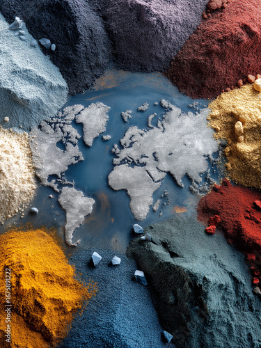 Global supply chain rare earth world map mining extraction metallic element ore renewable energy.