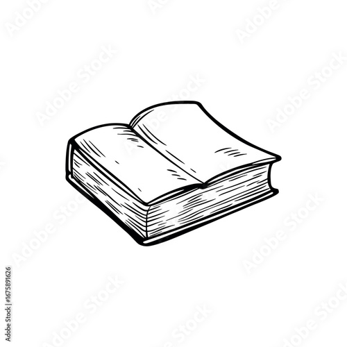 Illustration of an open book with blank pages showing detailed line work and thick bound pages stacked up