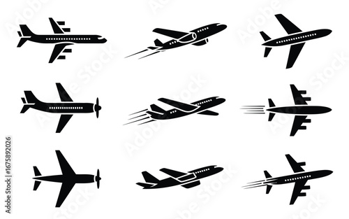 Collection of airplane silhouettes various models and flying positions for aviation graphics and design silhouette vector illustration white background