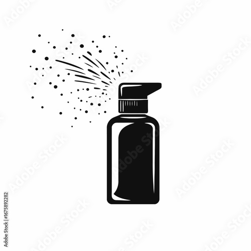 Dispensing cosmetic bottle with spray effect shown in monochrome silhouette