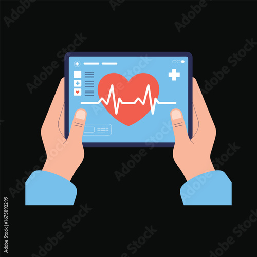 Hands holding digital tablet with red heart and cardiogram line, online medical checkup concept, healthcare monitoring application, telemedicine technology illustration design.