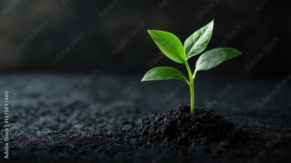 Naklejka premium A green plant growing from a dark soil mound on a dark background.