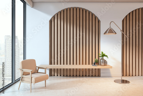 Modern empty living room with wooden slat wall panels, large city view windows, beige armchair, and minimal Scandinavian interior design setup. 3D Rendering