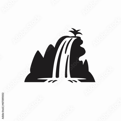 Serene waterfall cascading down a mountain landscape with a palm tree silhouette