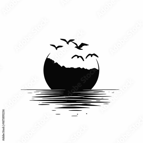 Serene seaside mountain sunrise with birds flying gracefully in minimalist silhouette