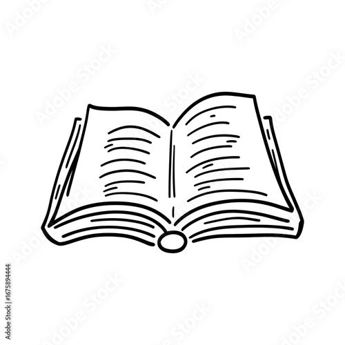Illustration of an open book with visible pages and spine in black and white doodle style drawing