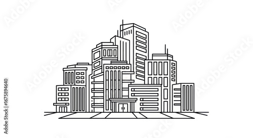 Outline Drawing of a Modern Cityscape with High-Rise Buildings.