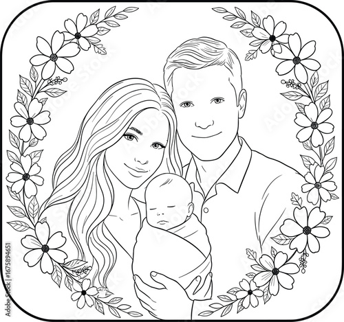 Family portrait illustration, black and white vector, new parents with baby, floral frame design, hand-drawn style, emotional moment, parenthood concept