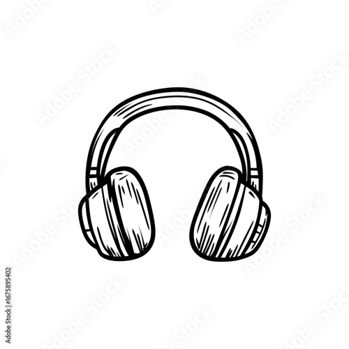 Illustration of over ear headphones with a thick band and earcups in a sketch style on a white background