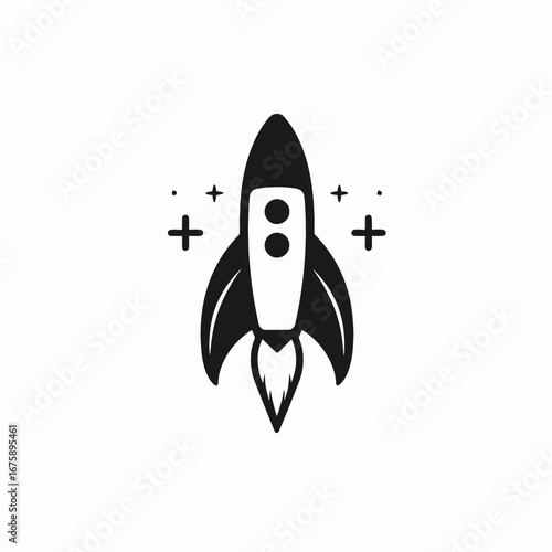 Bold simplified rocket soars into the unknown startup technology black silhouette