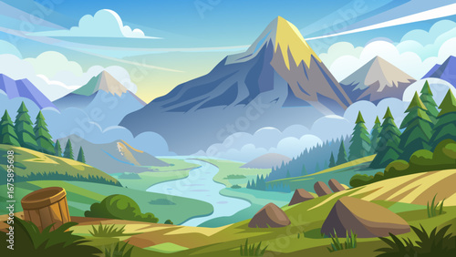 A serene valley with a flowing river and majestic mountains in the background