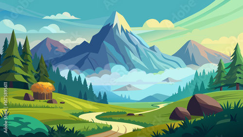 A winding path leads through a vibrant green valley towards majestic mountains