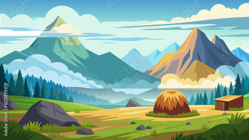 Picturesque mountain landscape with haystack and cabin in a serene valley
