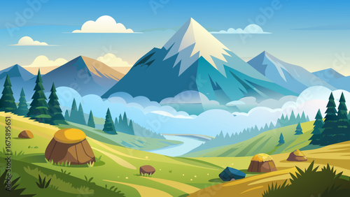 Majestic mountain landscape with hay bales and a winding river in valley