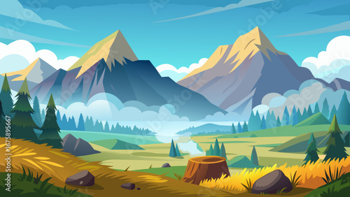 Scenic mountain landscape with forest and valley under a bright blue sky