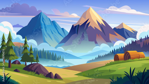 Majestic mountains and a serene valley create a breathtaking natural landscape view