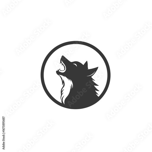 Dramatic wolf head howling fiercely within a circle, a striking silhouette