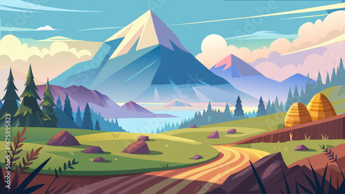 Idyllic mountain landscape with winding road and lush green fields scenery