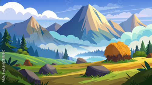 Scenic mountain landscape with hay bale and green fields under cloudy sky