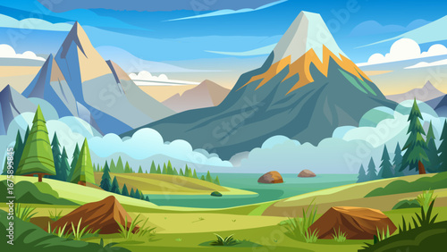 Majestic mountain landscape with green meadows and rocky outcrops scenery