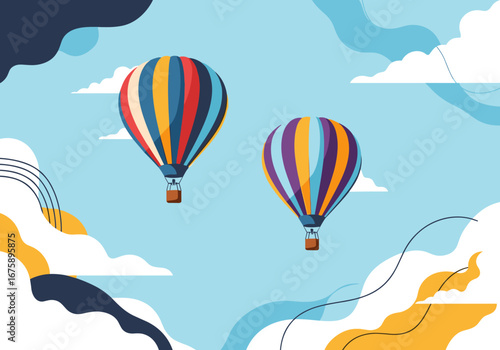 Two vibrant hot air balloons soaring gracefully through a bright blue sky amongst fluffy white clouds and abstract shapes