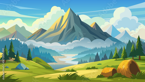 Scenic mountain landscape with green valley, trees, and cloudy sky view