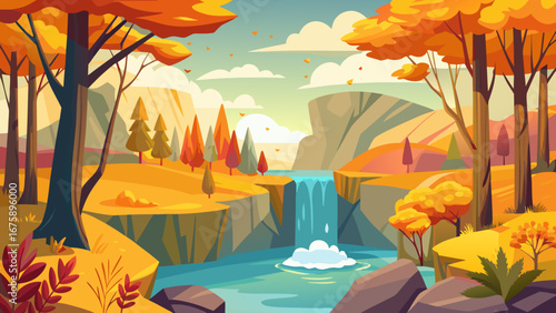 Autumn landscape with waterfall, colorful trees, and rocky terrain view