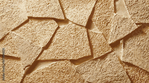 Beige rough stucco wall texture featuring irregular polygonal shapes, tactile abstract surface, natural architectural background.