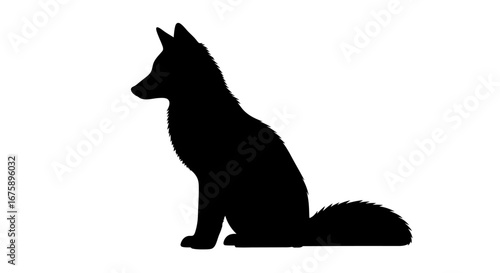 A simple black silhouette of a wild fox sitting in profile with a large bushy tail.