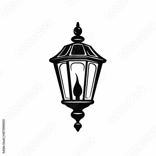 Ornate vintage street lamp with flame vector illustration in black silhouette