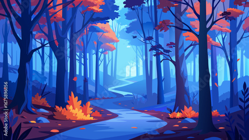 A winding path through a blue and orange forest in autumn season scenery