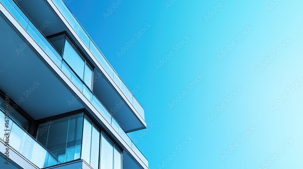 Fototapeta premium A modern, glassy building with a blue sky in the background.