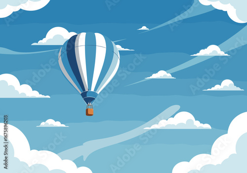 A solitary striped hot air balloon ascends into a clear blue sky filled with fluffy white clouds and wispy trails