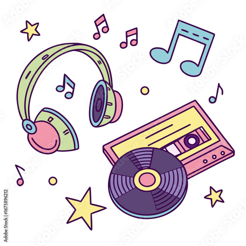 Kawaii music icons headphones, notes