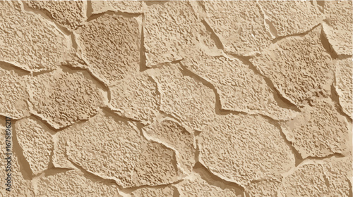 Beige rough stucco wall texture featuring irregular polygonal shapes, tactile abstract surface, natural architectural background.